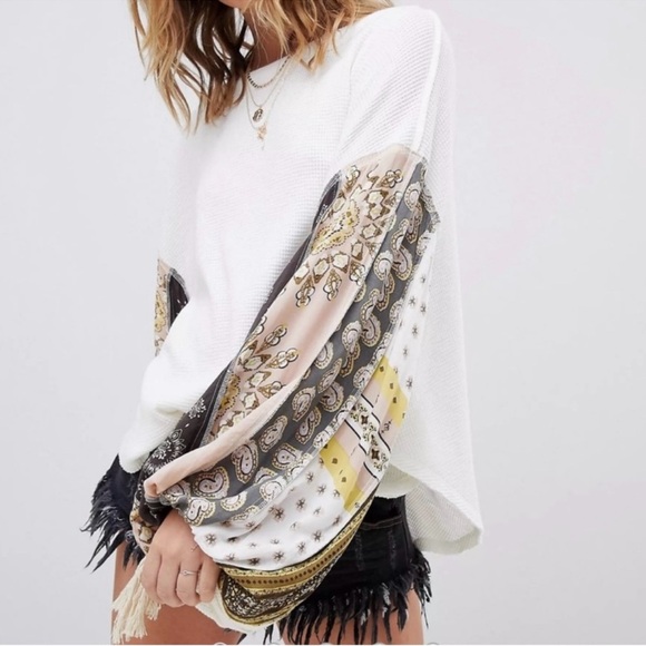 Free People We The Free Blossom Thermal Waffle Top Paisley Ballon Sleeve Size M - Picture 2 of 12